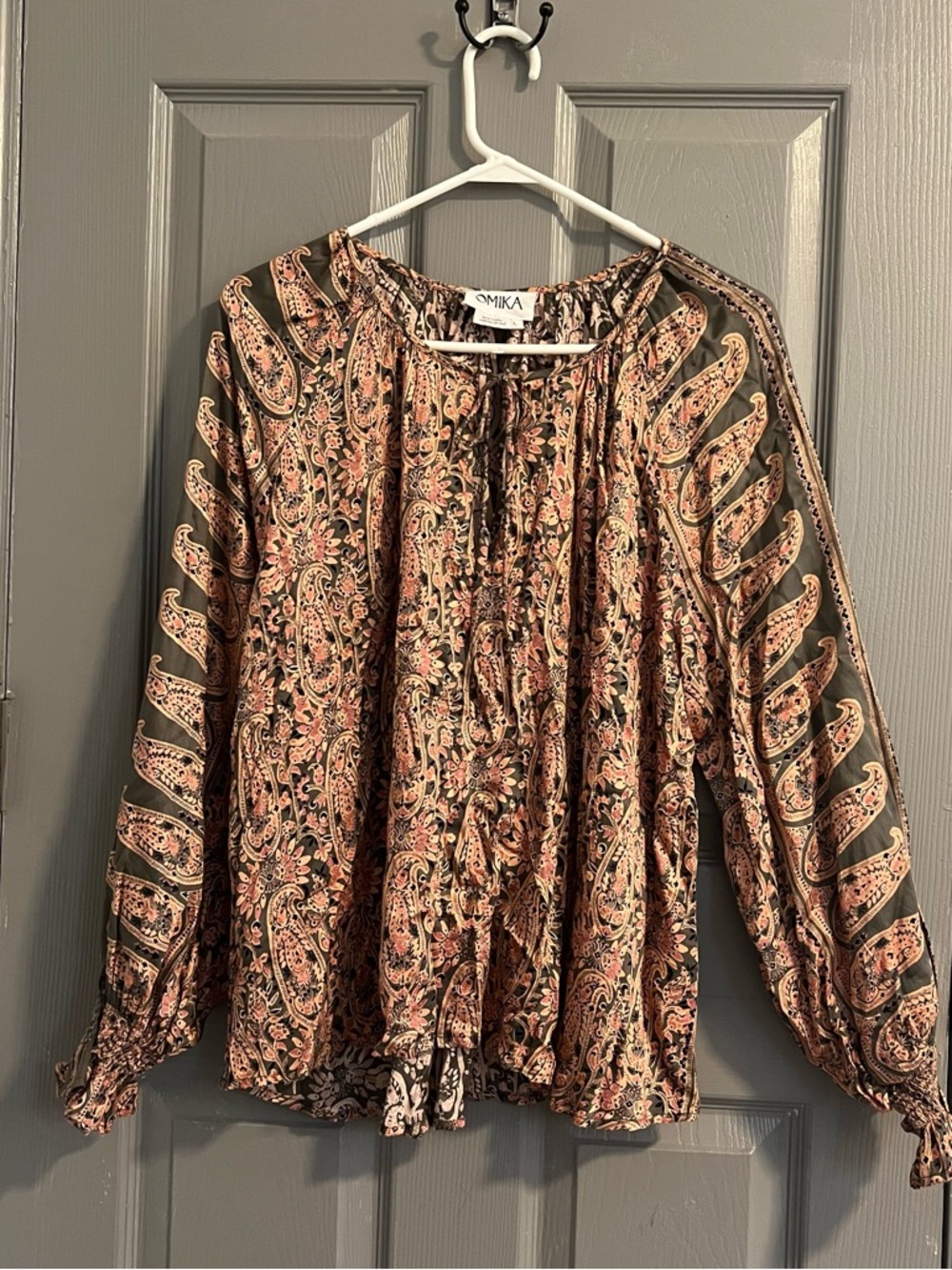 Omika Paisley Long-Sleeve Peasant Blouse Sage Cream Pink Boho Maximalist